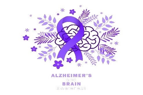 A brain with a purple ribbon on it with flowers and branches around it. Says Alzheimer's and Brain Awareness.